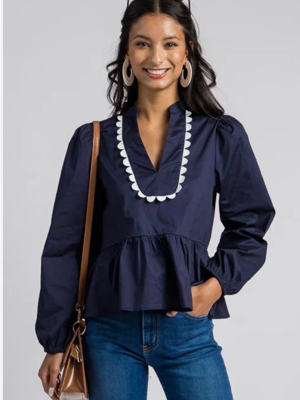 TCEC Navy Peplum V-Neck Tunic with White Scallop Trim